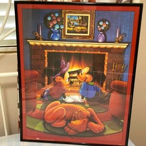 Vintage 1990s Mickey And Minnie Disney Fireplace Framed Poster